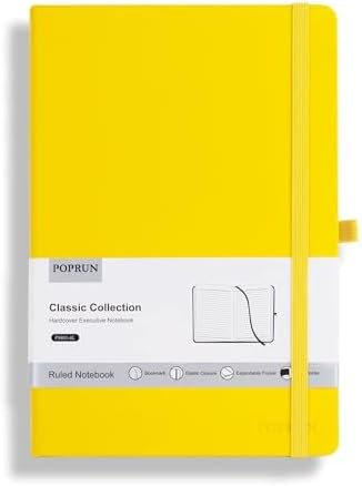 POPRUN A5 Lined Journal Notebooks, Leather Hardcover Thick Notebook for Writing, Business Work, Travel, School, College, Christmas, 5.5 x 8.3 inch, 240 Pages Classic Ruled Journals Notepad, Yellow