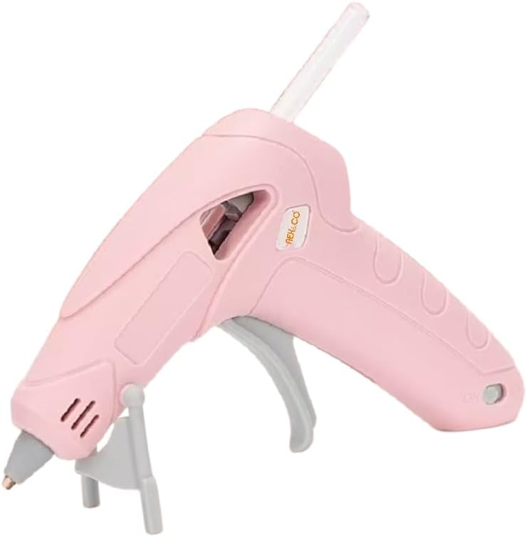 NEX&CO Pink Cordless Hot Glue Gun Kit for Kids, Mini Rechargeable Battery & Anti-Drip, Auto Power-Off & Lightweight w/ 30 pack 7mm Rainbow Glue Sticks, Child-Safe for Classroom Crafts, Art Projects