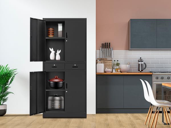 BESFUR Metal Cabinet, Garage Storage Cabinet with Drawers and Adjustable Shelves for Garage, Office, Classroom- Black