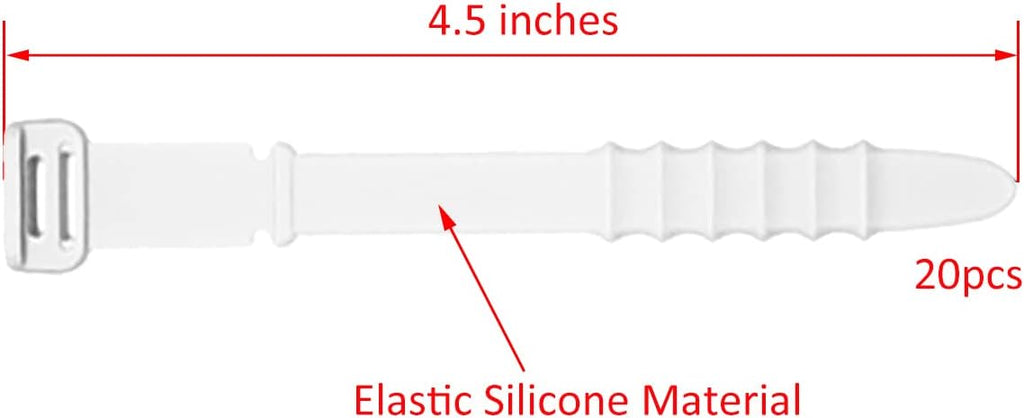 Silicone Zip Ties, Reusable Zip Ties, 20pcs Rubber Cable Ties Straps for Wire Management, Elastic Cable Organizer for Home Office Table Desk. White 4.5” Cord Ties (20 Pcs White)
