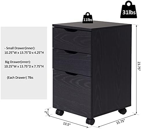 HOMCOM 3 Drawer Mobile File Cabinet, Rolling Printer Stand, Vertical Filing Cabinet, Brown Wood Grain