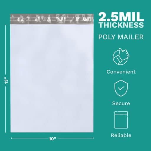 10" X 13" Large Poly Mailers, 500 Count White Polymailer Shipping Envelopes for Clothes 2 Mil Unpadded Waterproof Opaque Self-Seal Poly Bags with Tear/Puncture Proof Adhesive Strip