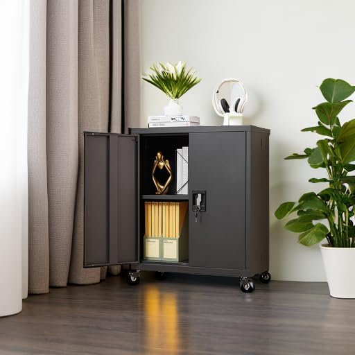 GREATMEET 31.5" H Lockable Storage Cabinet, Small Locking Cabinet with Doors and Adjustable Shelves, Metal Garage Storage Cabinets, Utility Cabinets for Office,Home,Garage,Classroom, Black
