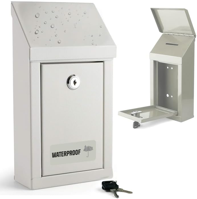 Metal Donation Box-Suggestion Box with Slot and lock-Cash Lock box for Money-Drop Box-Outdoor Waterproof Mailbox and ballot box-comes with pre-drilled holes for easy wall mounting 10 X 6 X 2.5"(White)