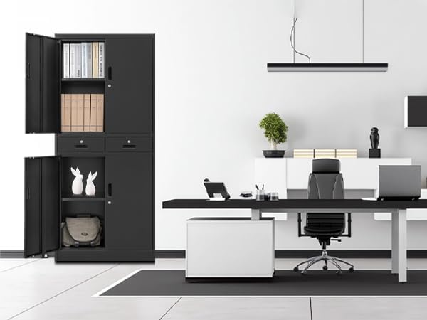 BESFUR Metal Cabinet, Garage Storage Cabinet with Drawers and Adjustable Shelves for Garage, Office, Classroom- Black