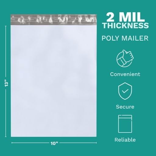 10" X 13" Large Poly Mailers, 1000 Count White Polymailer Shipping Envelopes for Clothes 2 Mil Unpadded Waterproof Opaque Self-Seal Poly Bags with Tear/Puncture Proof Adhesive Strip