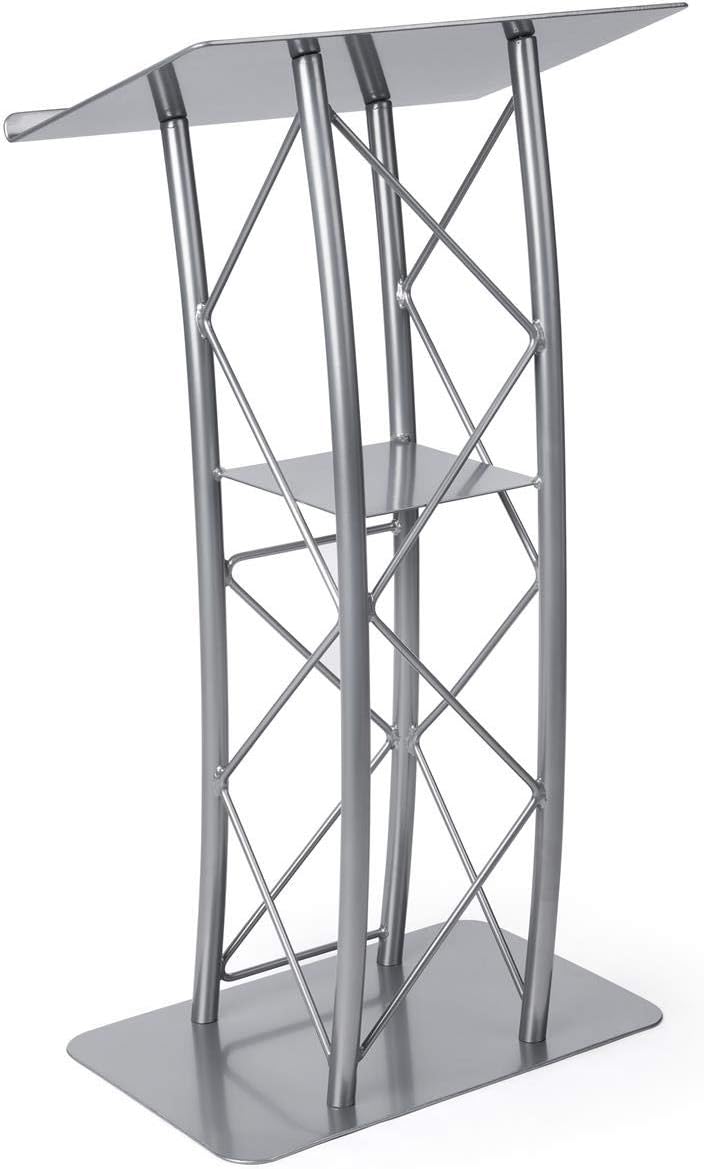 Silver Aluminum & Steel Truss Lectern with Curved Design and Built-in Shelf, 47 inches Tall