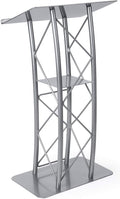Silver Aluminum & Steel Truss Lectern with Curved Design and Built-in Shelf, 47 inches Tall