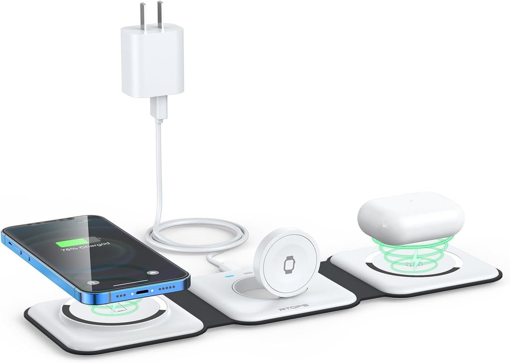 Wireless Charger 3 in 1,RTOPS Magnetic Travel Wireless Charging Station Multiple Devices,GaN 3 in 1 Charging Station,Compatible for iPhone16/15/14/13/Pro/Max,iWatch,AirPods4/3/2/Pro(Adapter Includes)