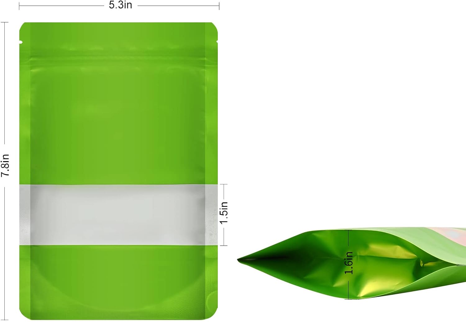 100 Pieces Smell Proof Mylar Food Storage Bags, Resealable with Clear Window, Stand-up Foil Pouch, Self-Sealing Supplies (Green, 5.3 x 7.8 Inch)