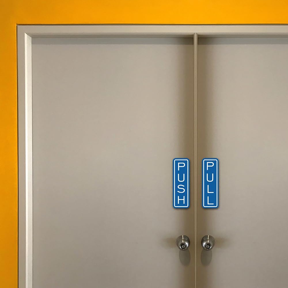All Quality Classic Vertical Push Pull Door Signs - Great for Glass Doors | Professional Looking Signs | Easy Installation Includes Double-Sided Foam Adhesive Tape (Brushed Gold) - Medium (5 Pack)