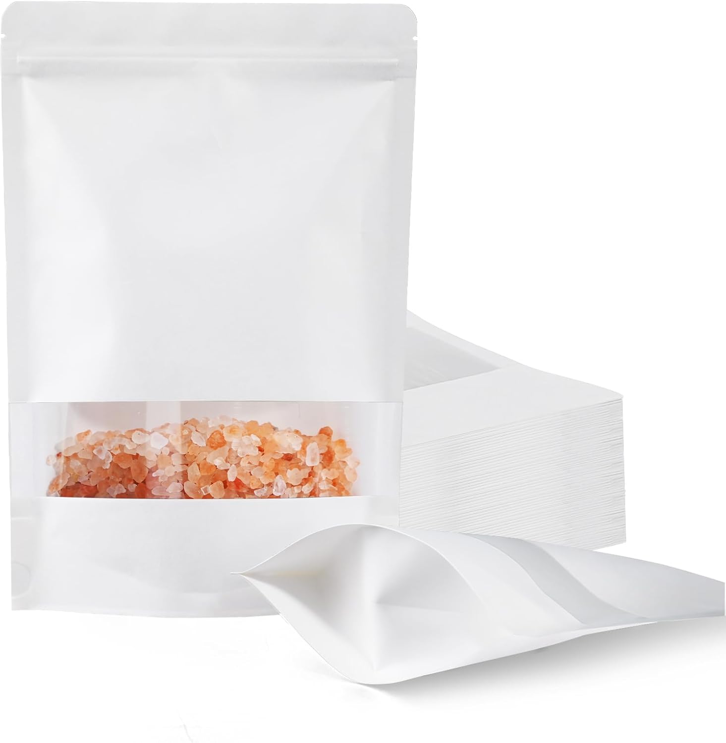 FireKylin 100 Pcs White Reusable Paper & Plastic Stand Up Pouches with Zipper Closure, 7.1" x 10.2" Windowed Bags for Packaging and Storage
