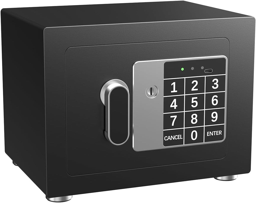 Small Home Safe, 6.7”D x 9”W x 6.7”H, Electronic Keypad Lock Security Box for Cash, Jewelry, Passport, Hidden Safe for Closet, College Dorm Room, Black