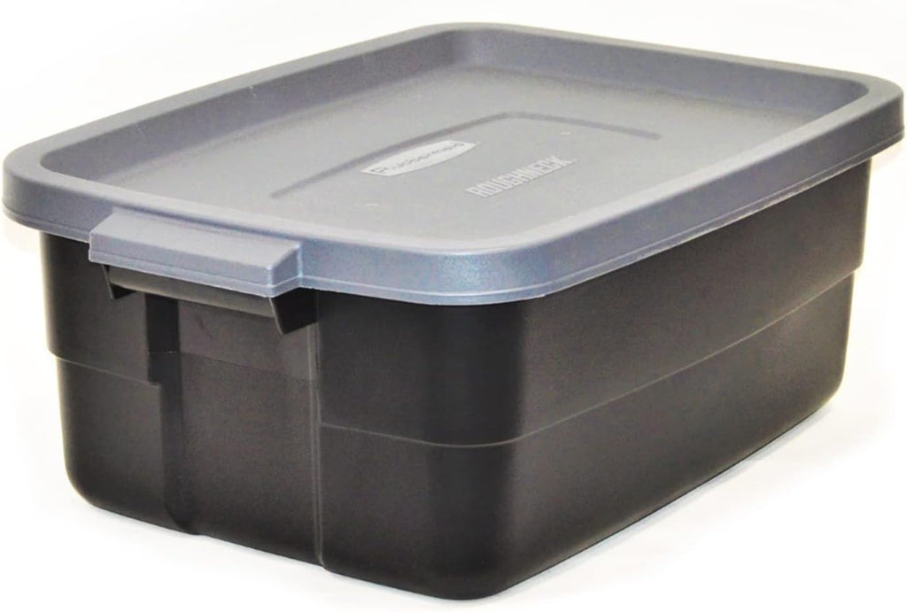 Rubbermaid 3-Pack Garage Storage Bins 18x12 Inch Heavy Duty Storage Bins, Large Capacity - USA Made Stackable Plastic Bins with Lids Black