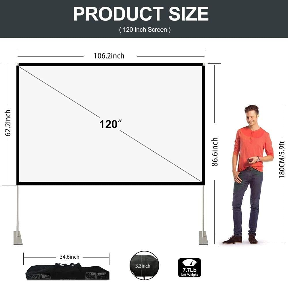 Outdoor Projector Screen with Stand 120 Inch: Foldable Movie Projection Screens - Portable Frame Screen for Home Theater & Camping 3D 4K HD Compatible Includes Carry Bag