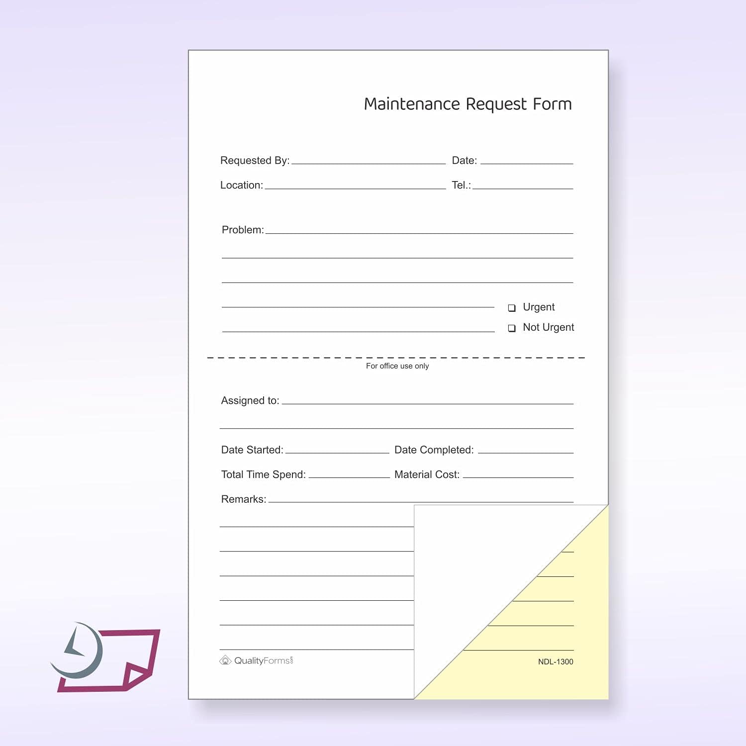 NextDayLabels - Maintenance Request Forms, 2 Part NCR Carbonless, 5-1/2" x 8-1/2" - 100 Sets - Made in The USA
