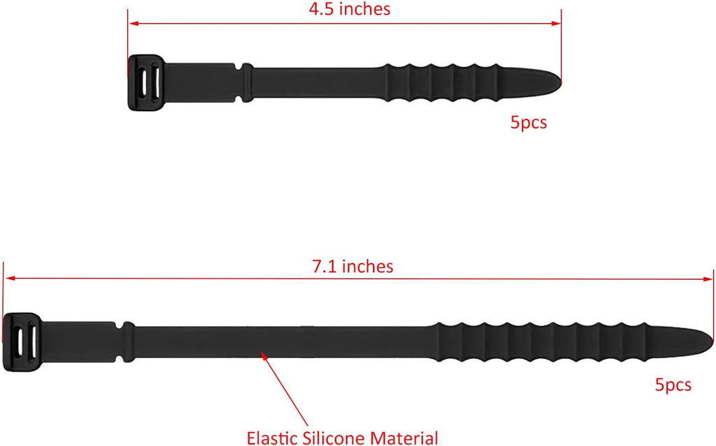 Silicone Zip Ties, Reusable Zip Ties, Rubber Cable Ties Straps for Wire Management, Elastic Silicone Ties Cable Organizer for Home Office, Black Cord Ties in Two Sizes 4.5" and 7.1" (5+5 Pcs Black)