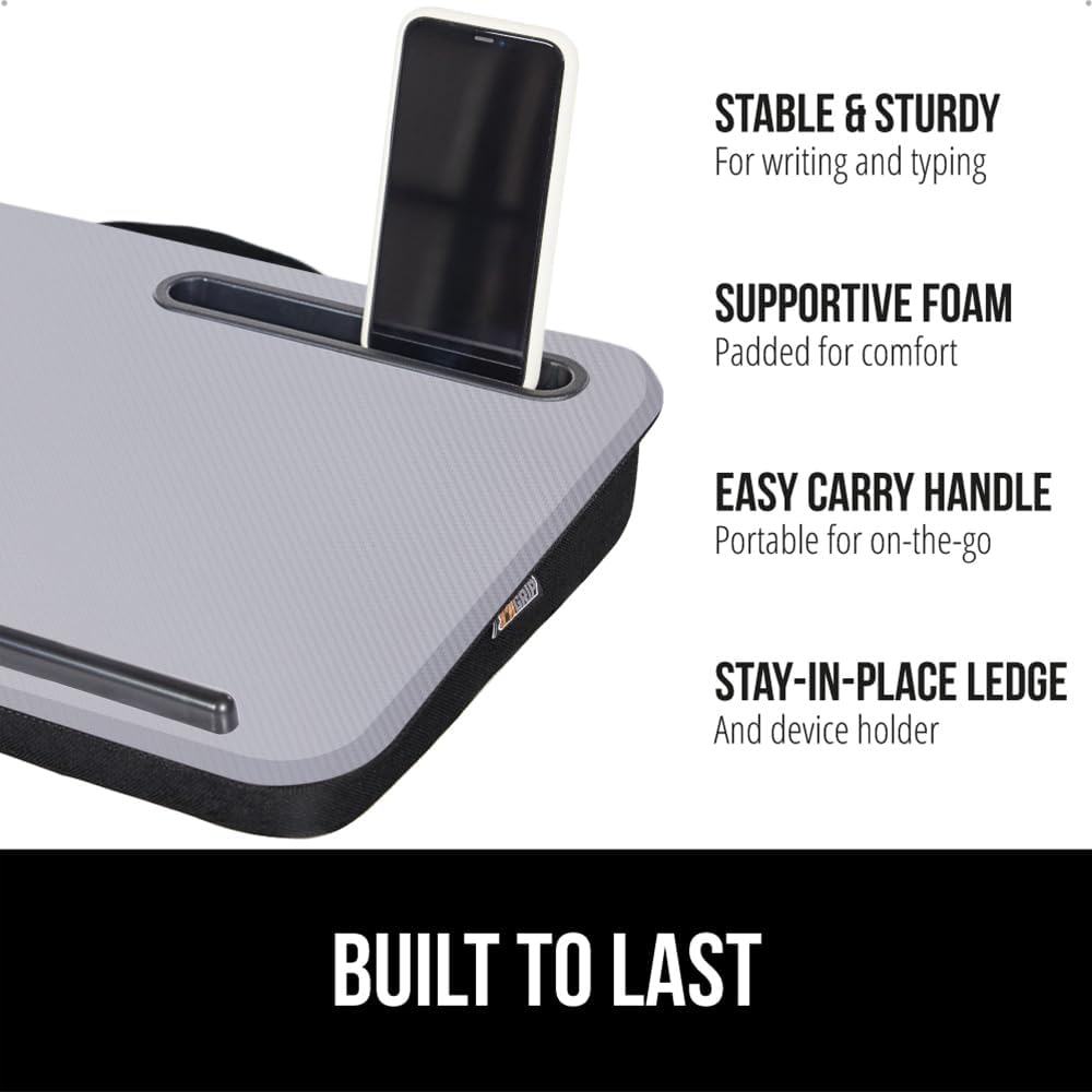 GORILLA GRIP Laptop Lap Desk with Phone Holder, Pillow Cushion Desks Fit Laptops up to 15.6", Tray Ledge Keep Computers in Place, Portable Travel Workstation Essentials for Home, Dorm Room, Gray