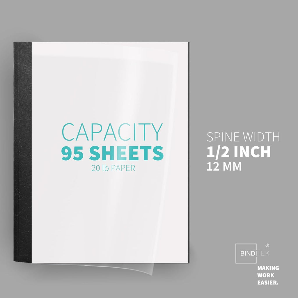 Binditek 10 Pack Thermal Binding Presentation Covers, 1/2 Inch Spine, Holds 95 Sheets, Ultra Clear Front Cover, Black Paper Back Cover, Letter Size, for Students and Coworkers