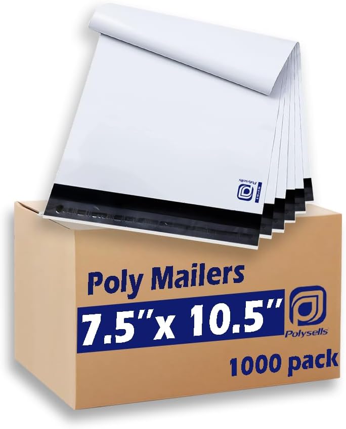 POLYSELLS Poly Mailers Shipping Envelopes, Strong Adhesive Sealing, Waterproof, and Tear-resistant Postal Mailing Bags for Clothing, Books, and Accessories (White, 7.5x10.5 Inch, 1000 pcs)