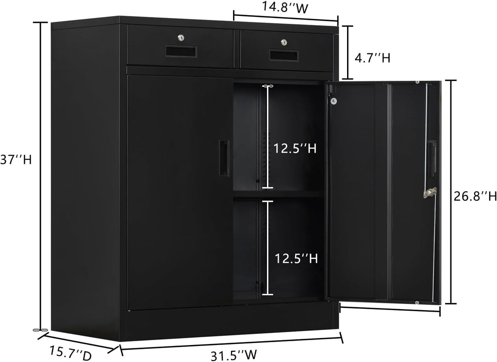 BESFUR Metal Garage Storage Cabinet 36" H, Black Steel Locking Cabinet with 2 Drawers,2 Lockable Doors and Adjustable Shelves Easy to Assemble for Home Office, Garage,School, Apartment, Warehouse