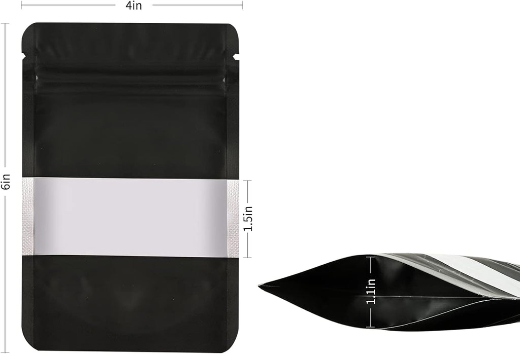 100 Resealable Smell Proof Mylar Food Storage Bags, Clear Window, Stand-up, Self-Sealing Supplies (Black, 4 x 6 Inch)