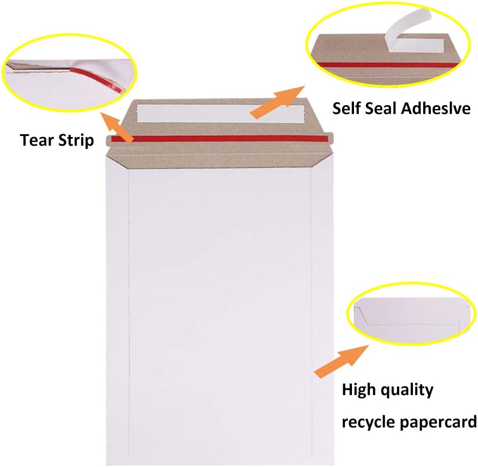 100 Pack 9X12 inch Self Seal Photo Document Mailers Stay Flat White Cardboard Envelopes White Photography Mailersfor CD, Photos, Document