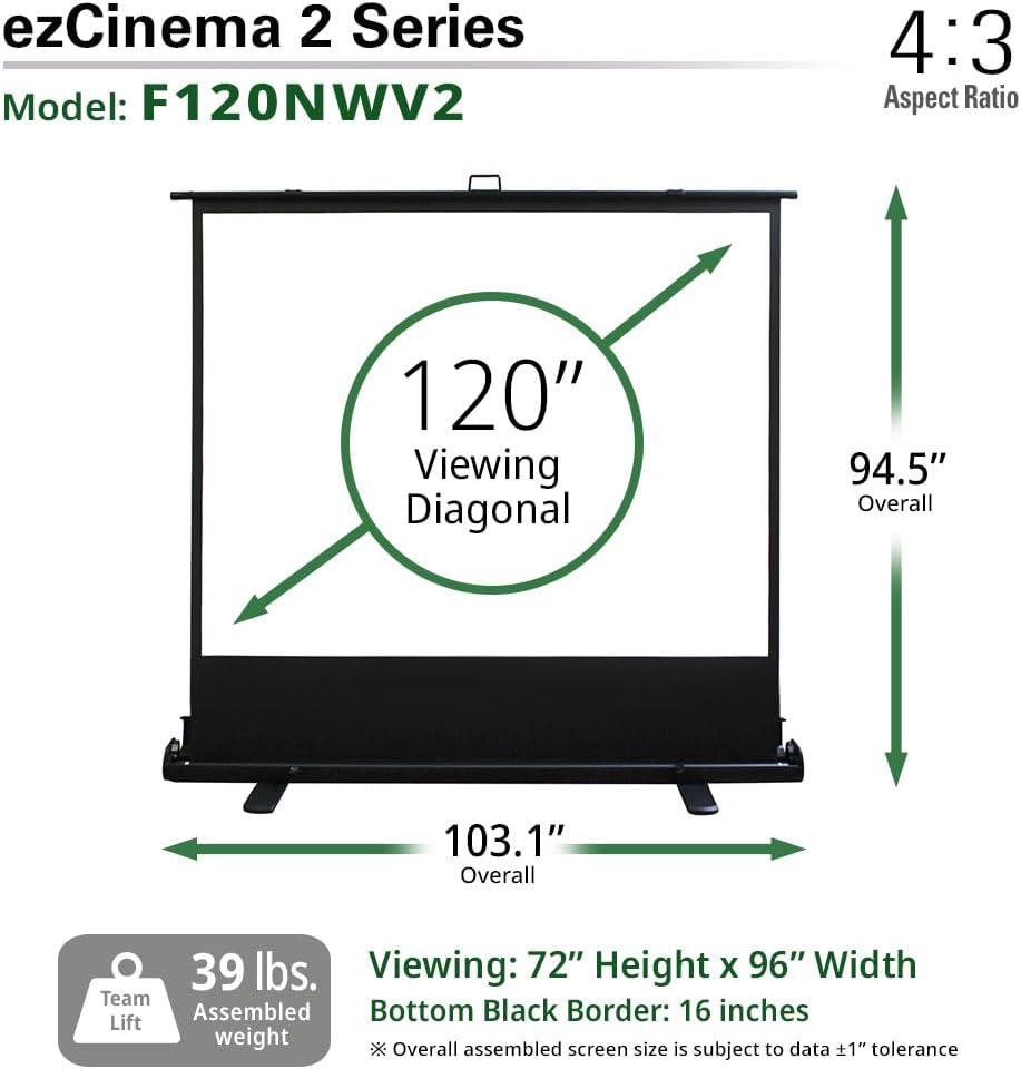 Elite Screens ezCinema 2, 120-inch 4:3 Aspect Ratio Portable Manual Floor Pull Up with Scissor Backed Projector Projection Screen Office Classroom Church Home Theater + Carrying Bag, F120NWV2