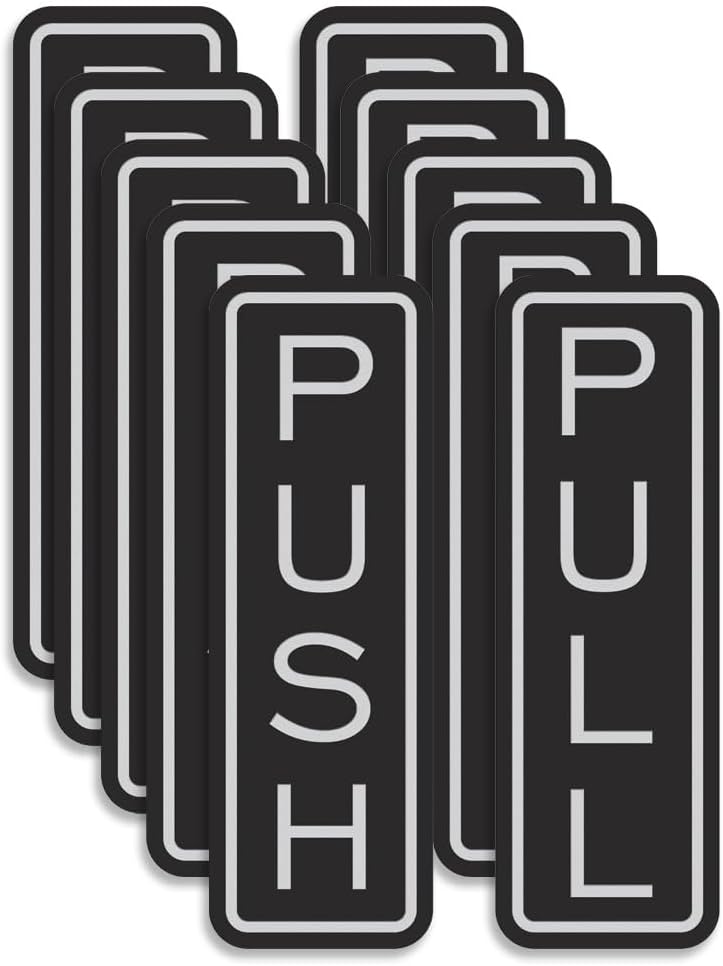 All Quality Classic Vertical Push Pull Door Signs - Great for Glass Doors | Professional Looking Signs | Easy Installation Includes Double-Sided Foam Adhesive Tape (Black/Silver) - Medium (5 Pack)