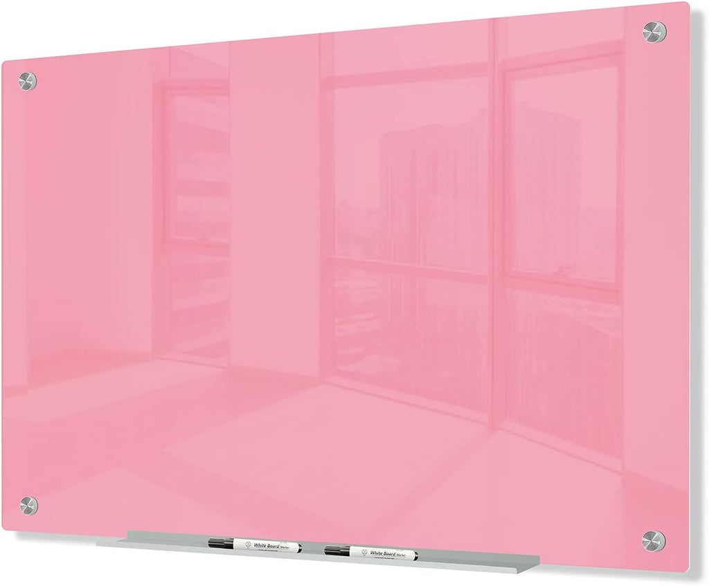 J&J worldwide Magnetic Glass Whiteboard, Wall Mounted Glass Dry Erase Board 47 x 35 Inch, Pink Surface, Frameless with Markers, Magnets, Marker Tray, Eraser for Office, Home, School