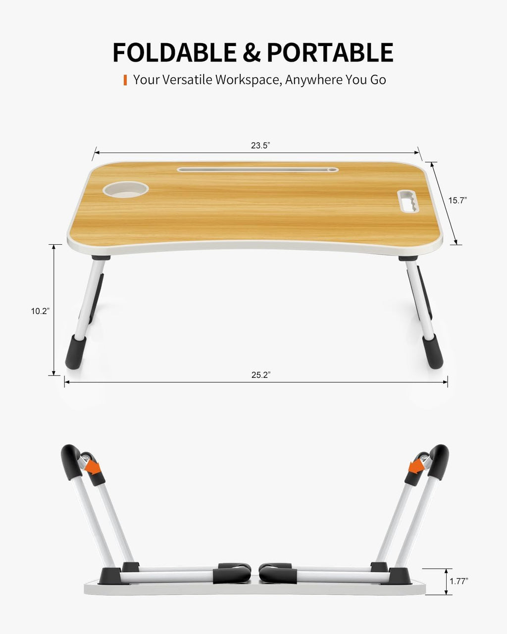 Foldable Laptop Table, Portable Lap Desk Bed Table Tray, Laptop Stand with Cup Holder & Tablet Slot & Lifting Handle for Working Writing Drawing & Eating (Wood)