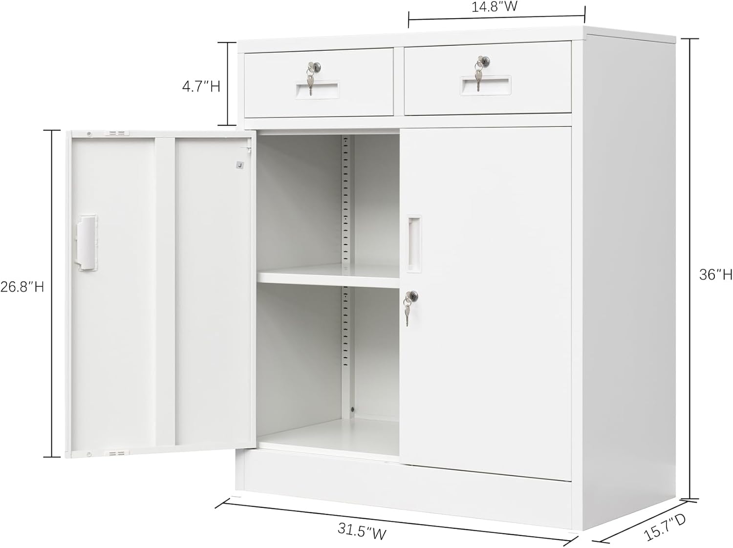 BESFUR Metal Storage Cabinet with 2 Drawers 36" H, Small Lockable Steel Storage Cabinets with 2 Lockable Doors and Adjustable Shelves Easy to Assemble for Home Office Garage Kitchen Pantry White