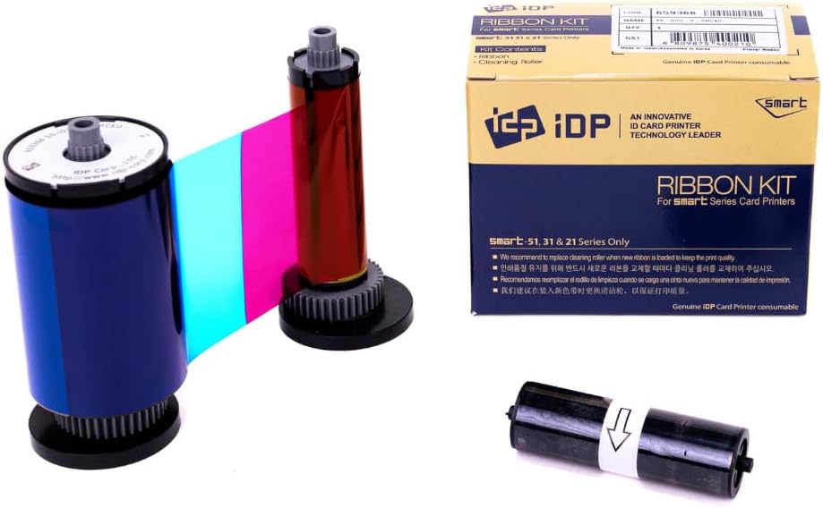 IDP Genuine SMART-31 and SMART-51 Series Card Printer Ribbon - YMCKO Color, Resin Black & Overlay Panel Ribbon w Cleaning Roller, 250 Cards/roll (Not Compatible with IDP Solid Printers)