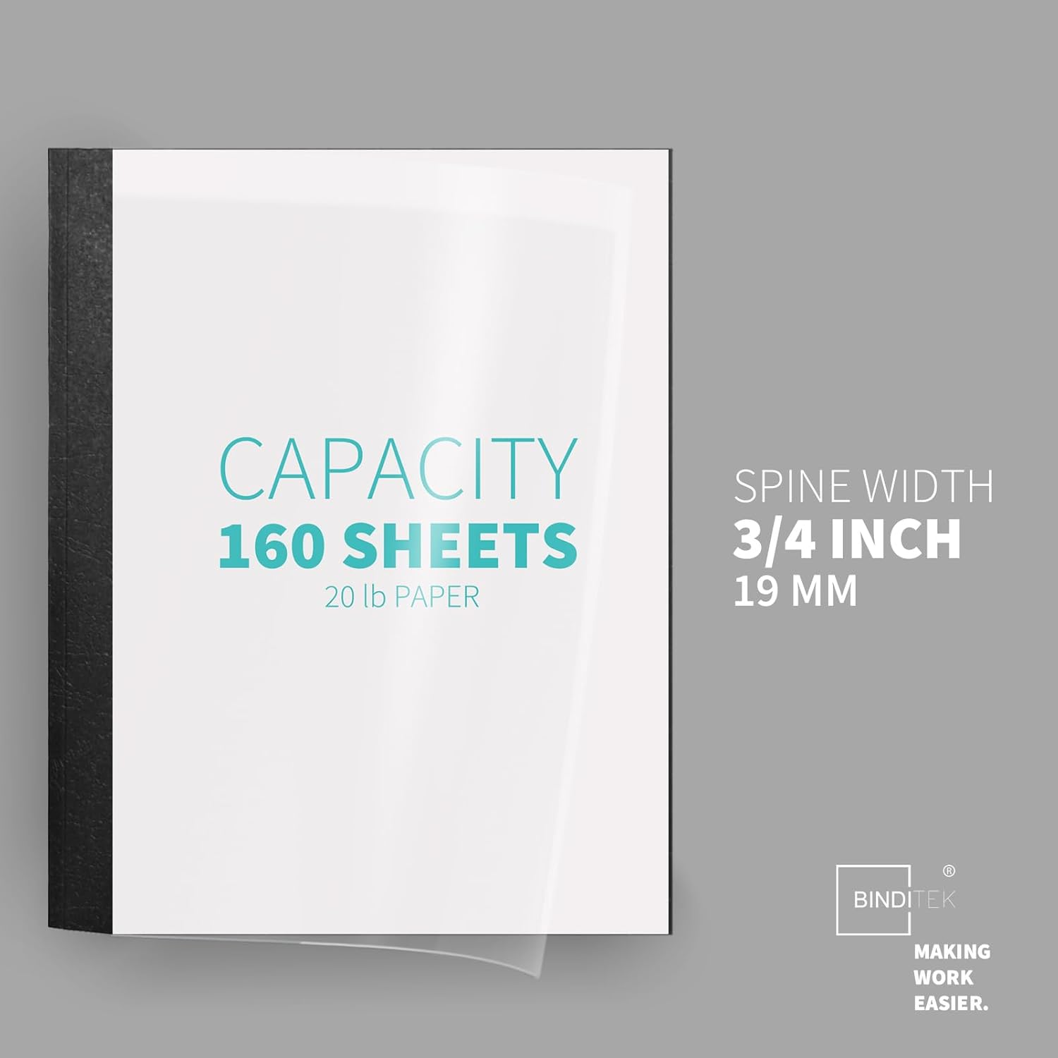 Binditek 10 Pack Thermal Binding Presentation Covers, 3/4 Inch Spine, Holds 160 Sheets, Ultra Clear Front Cover, Black Paper Back Cover, Letter Size, for Students and Coworkers