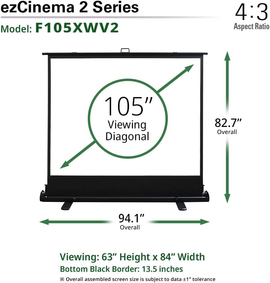Elite Screens ezCinema 2 Projector Screen, 105-inch 4:3 Portable Manual Floor Pull Up w/ Scissor Backed Church Office Front Projection Carrying Bag, US Based Company 2-YEAR WARRANTY, F105XWV2