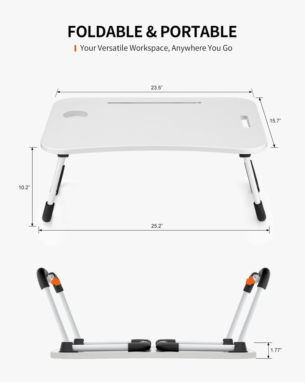 Foldable Laptop Table, Portable Lap Desk Bed Table Tray, Laptop Stand with Cup Holder & Tablet Slot & Lifting Handle for Working Writing Drawing & Eating (White)
