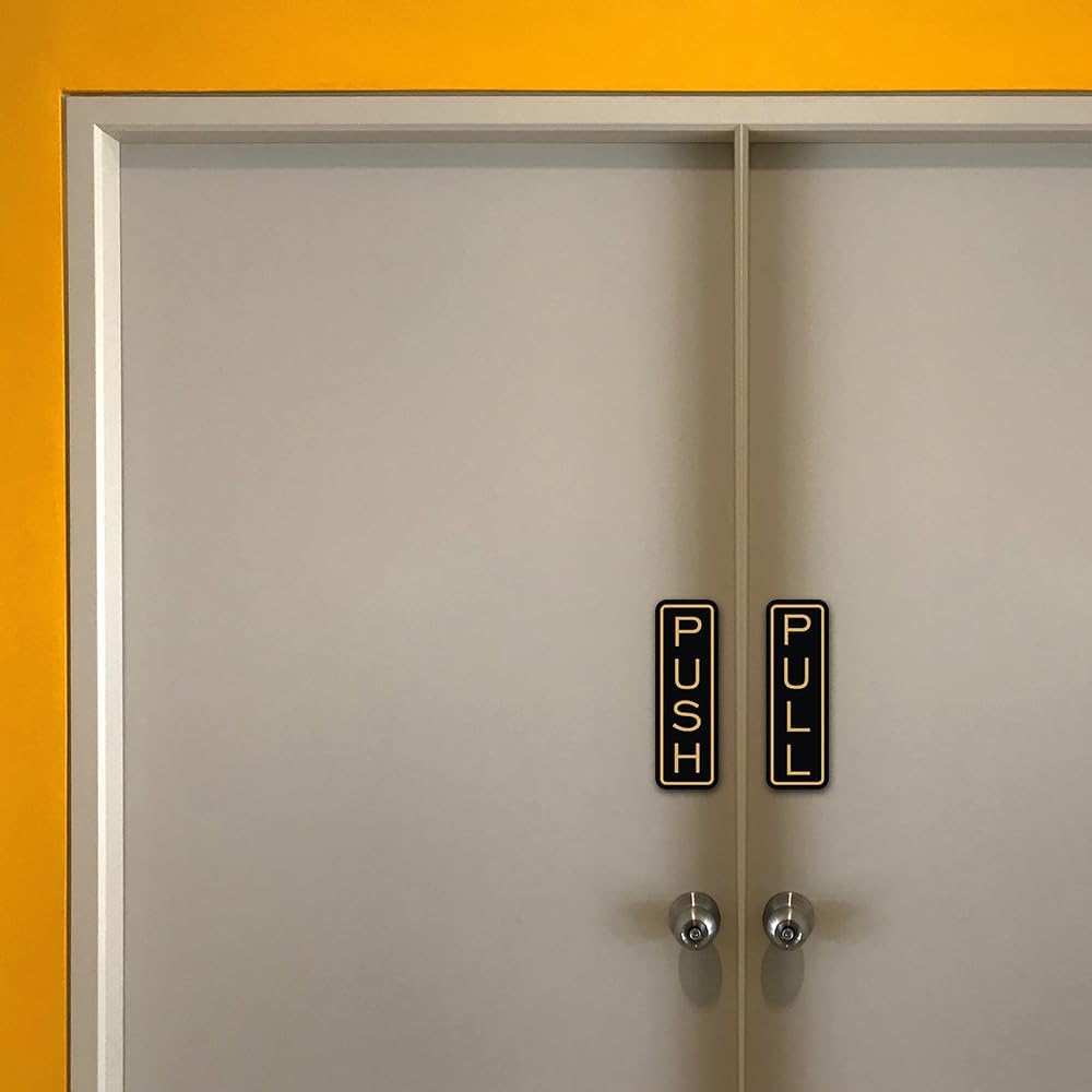 All Quality Classic Vertical Push Pull Door Signs - Great for Glass Doors | Professional Looking Signs | Easy Installation Includes Double-Sided Foam Adhesive Tape (Black) - Medium (1 Pack)