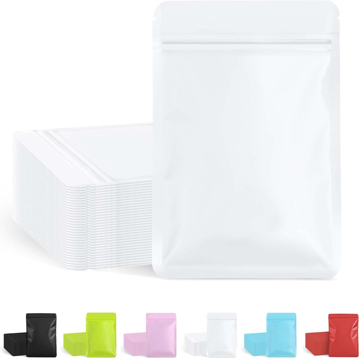 100 Pack Resealable Packaging Bags for Small Business Double-Sided Color Smell Proof Bags for Food Storage Flat Bags (White, 2.7" x 3.8")