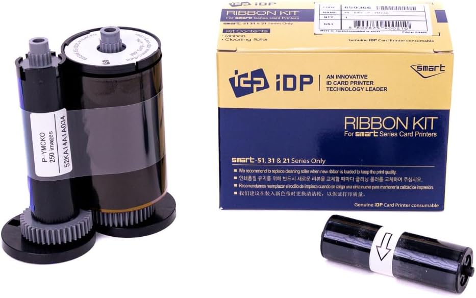 IDP Genuine SMART-31 and SMART-51 Series Card Printer Ribbon - YMCKO Color, Resin Black & Overlay Panel Ribbon w Cleaning Roller, 250 Cards/roll (Not Compatible with IDP Solid Printers)