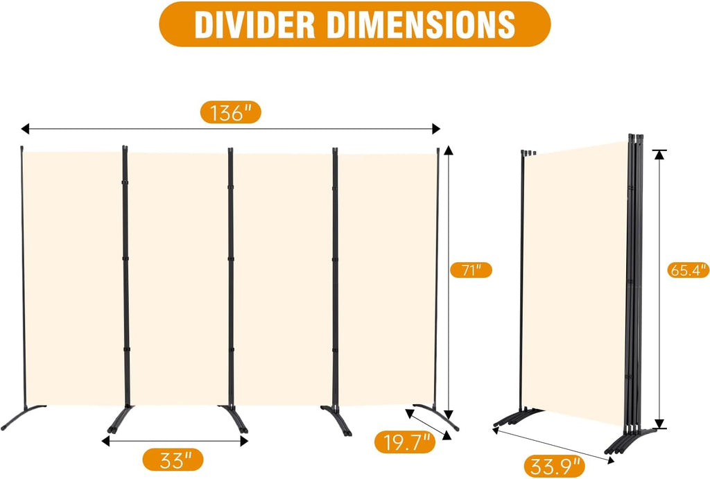 4 Panel Folding Privacy Screens, 6 FT Tall Wall Divider with Metal Frame, Freestanding Room Divider for Office Bedroom Study (4 Panel, Beige)