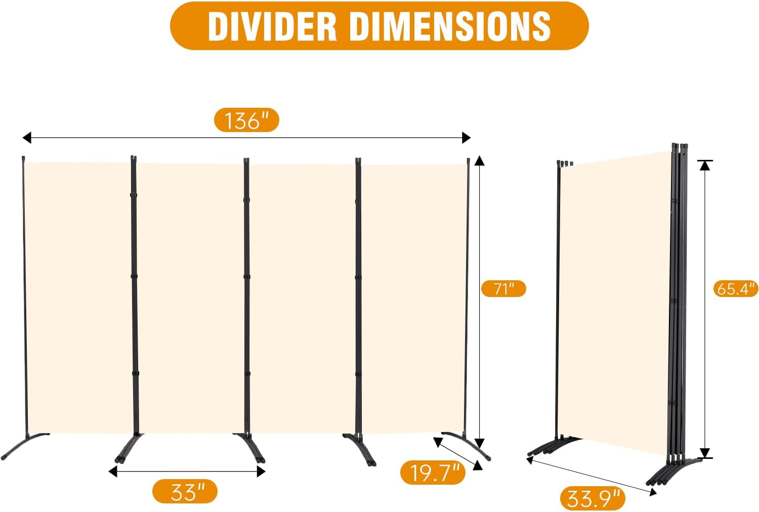 4 Panel Folding Privacy Screens, 6 FT Tall Wall Divider with Metal Frame, Freestanding Room Divider for Office Bedroom Study (4 Panel, Beige)