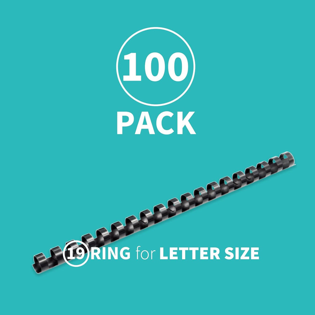 Binditek 100 Pack Plastic Binding Comb Spines, 1/2 Inch Diameter, 90 Sheet Capacity, for Letter Size, Black, for Students and Coworkers