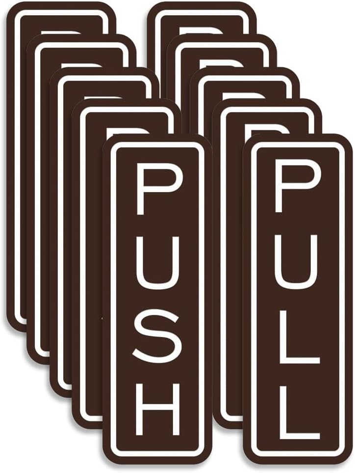 All Quality Classic Vertical Push Pull Door Signs - Great for Glass Doors | Professional Looking Signs | Easy Installation Includes Double-Sided Foam Adhesive Tape (Dark Brown) - Medium (5 Pack)