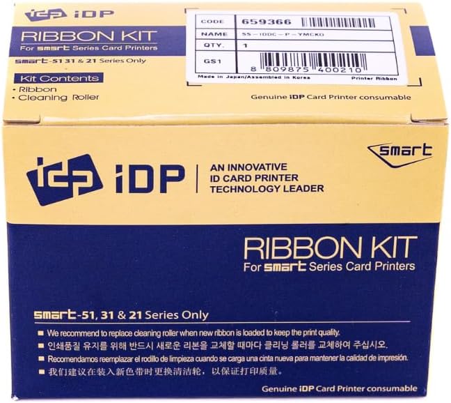 IDP Genuine SMART-31 and SMART-51 Series Card Printer Ribbon - YMCKO Color, Resin Black & Overlay Panel Ribbon w Cleaning Roller, 250 Cards/roll (Not Compatible with IDP Solid Printers)