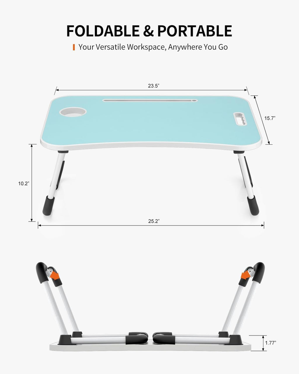 Foldable Laptop Table, Portable Lap Desk Bed Table Tray, Laptop Stand with Cup Holder & Tablet Slot & Lifting Handle for Working Writing Drawing & Eating (Blue)