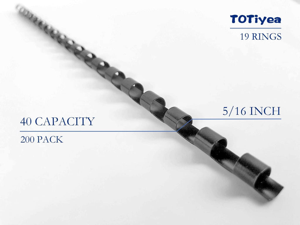 TOTiyea 200 Pack Plastic Binding Comb Spines,5/16 Inch Diameter,40 Sheet Capacity,Letter Size (8.5x11 Inches) Black Color Binding Comb Spines