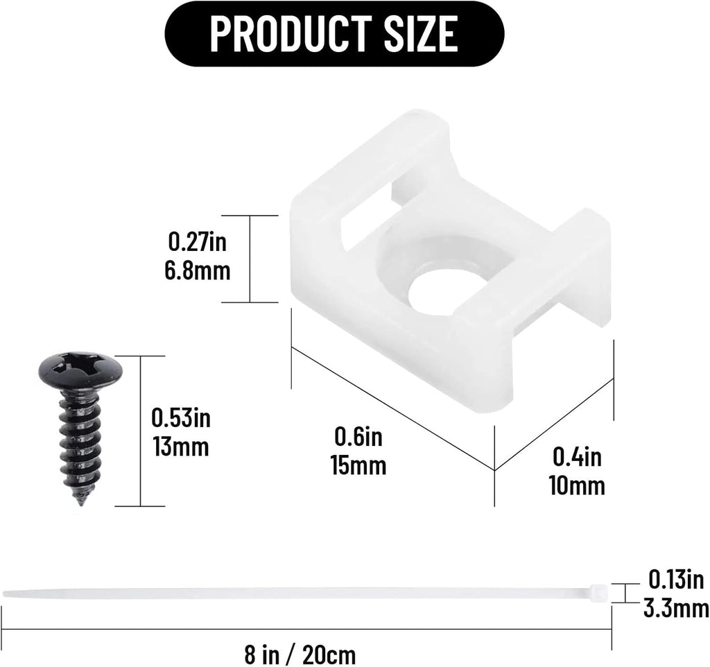 100Pcs Cable Zip Tie Mounts Kit, 0.6in Plastic Zip Ties with Screw Hole, White Zip Tie Anchors, Sturdy Zip Tie Mounting Squares Base with Tapping Screw for Wire Organizer (White, 0.6 inch)