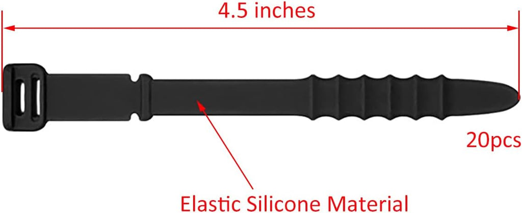 Silicone Zip Ties, Reusable Zip Ties, 20pcs Rubber Cable Ties Straps for Wire Management, Elastic Cable Organizer for Home Office Table Desk. Black 4.5” Cord Ties (20 Pcs Black)
