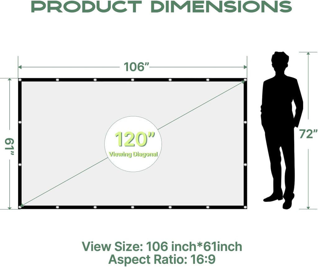 AAJK Projector Screen 120 inch, Washable Projector Screen 16:9 Foldable Anti-Crease Portable Projector Movies Screen for Home Theater Outdoor Indoor Support Double Sided Projection