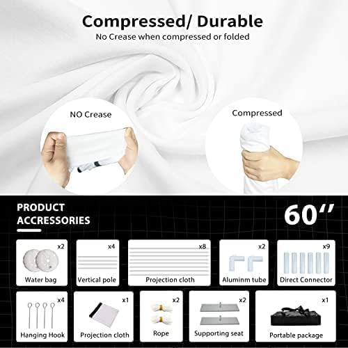 Portable 60" 16:9 4K HD Outdoor/Indoor Projector Screen with Stand, Carry Bag, Foldable, Wrinkle-Free Movie Screen for Home Theater, Travel, Camping, Party, Office